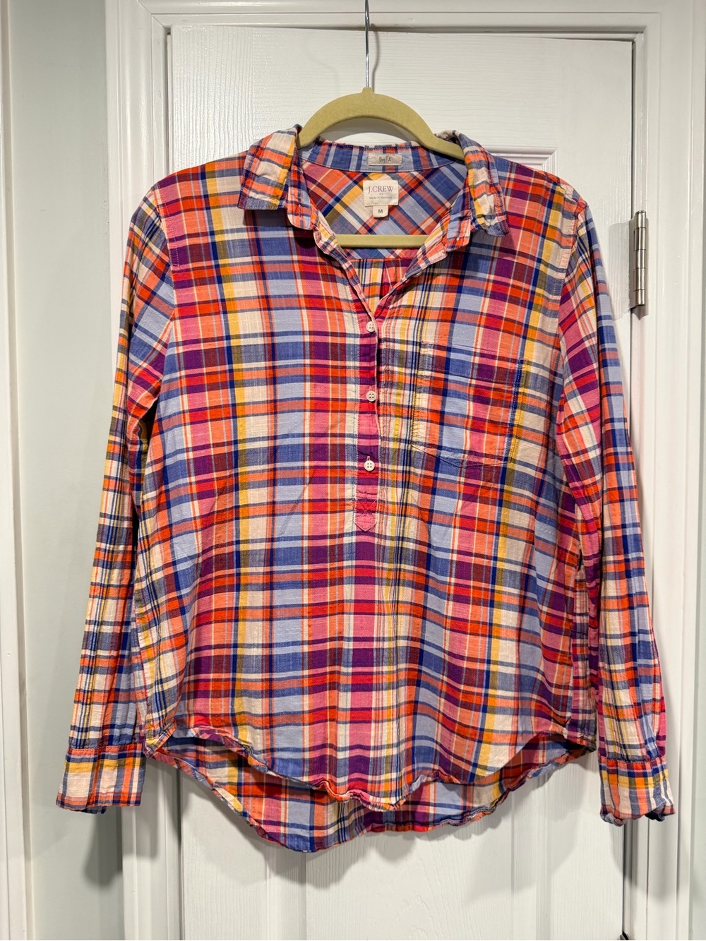 J. Crew Size M Colorful Lightweight Cotton Plaid Boy Fit Popover Shirt